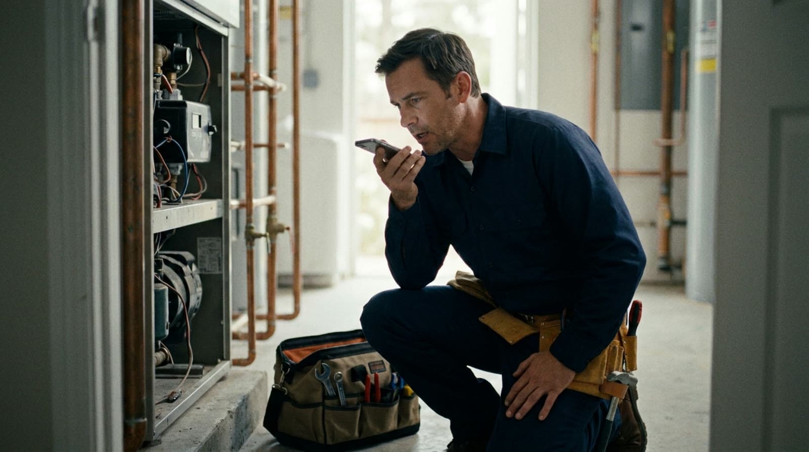 A plumber kneeling by copper pipes, speaking a parts request into his phone