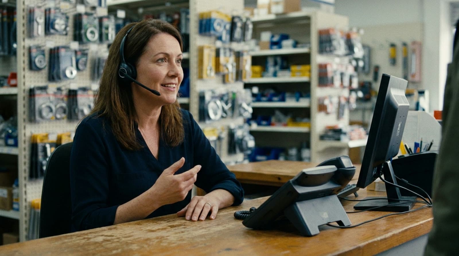 A supplier counter representative on a headset, talking with the ServePilot voice agent